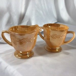 Peach Luster Ware Fire King Iridescent Sugar Creamer Leaf Pattern Mid Century